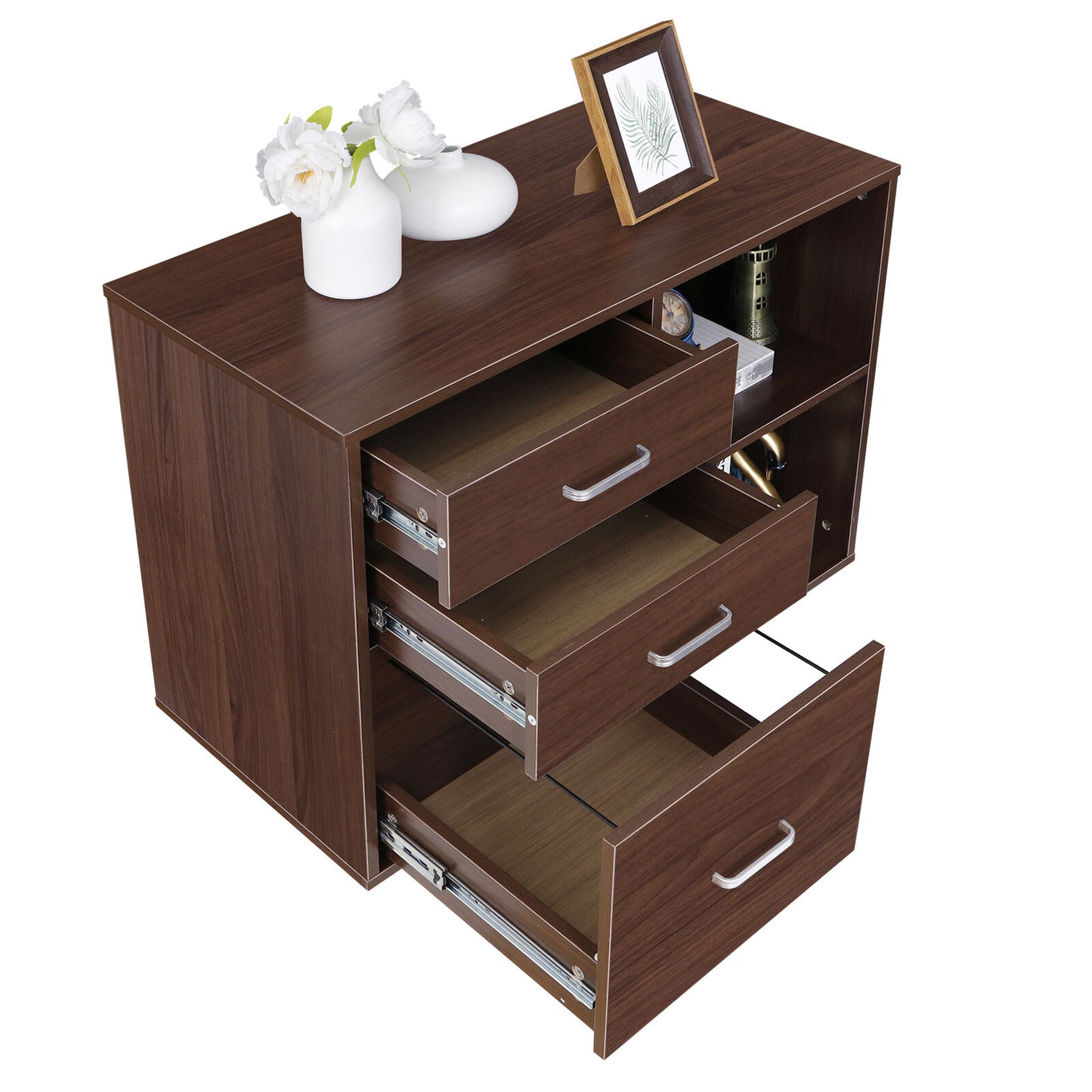 3 Drawers Mobile Wood File Cabinet Printer Stand with Open Storage Shelves Brown