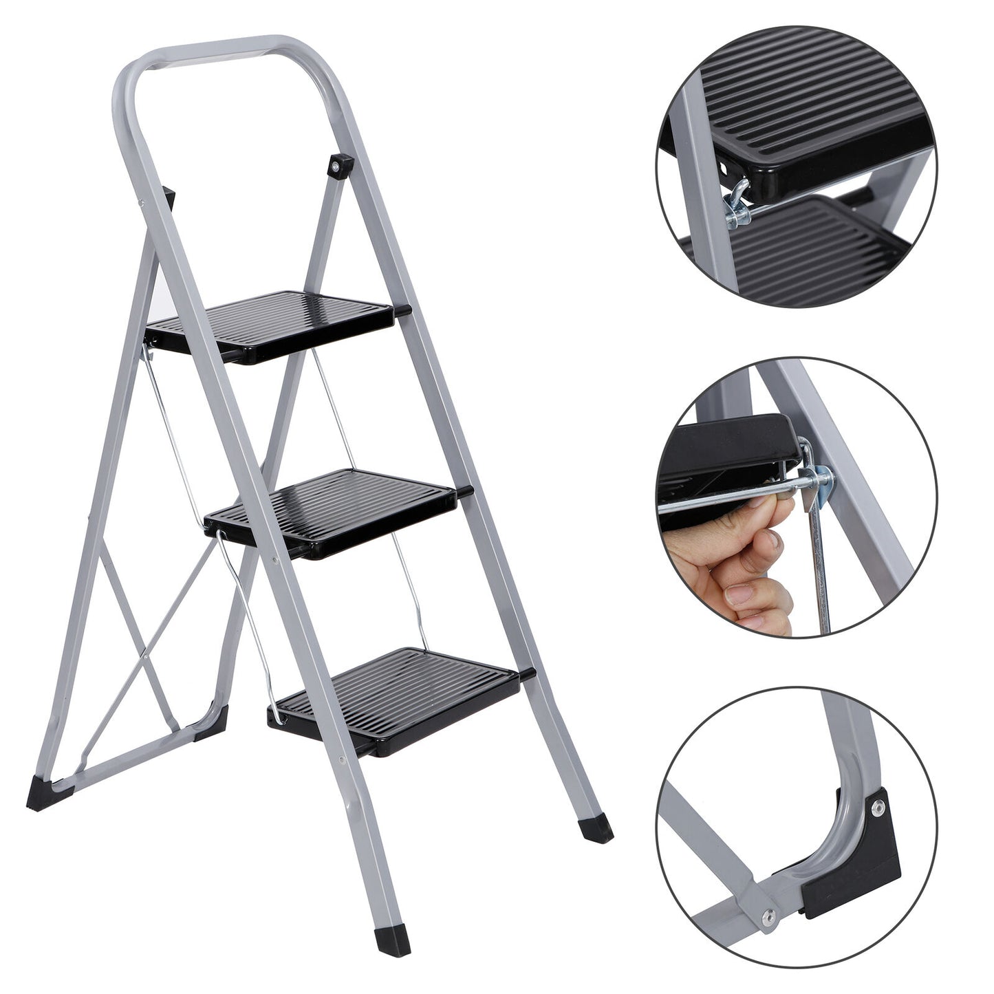3 Step Ladder Folding Steel Step Stool Anti-slip 300Lbs Capacity Silver Black
