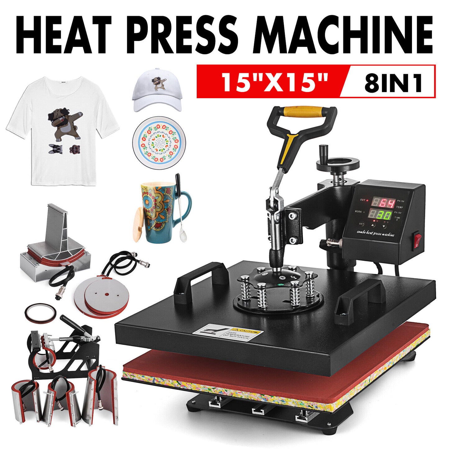Combo T-Shirt Heat Press Printing Machine 15"x15" 8 IN 1 Sublimation Swing Away