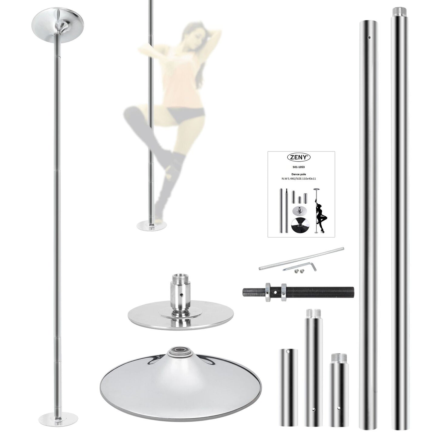 45mm Electroplated Chrome Finish Dance Pole Full Kit Removable Stripper Dancing