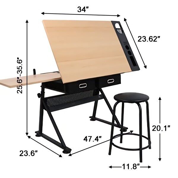 Adjustable MDF Drafting Table Drawing Desk Adjustable Height & Angle with Stool