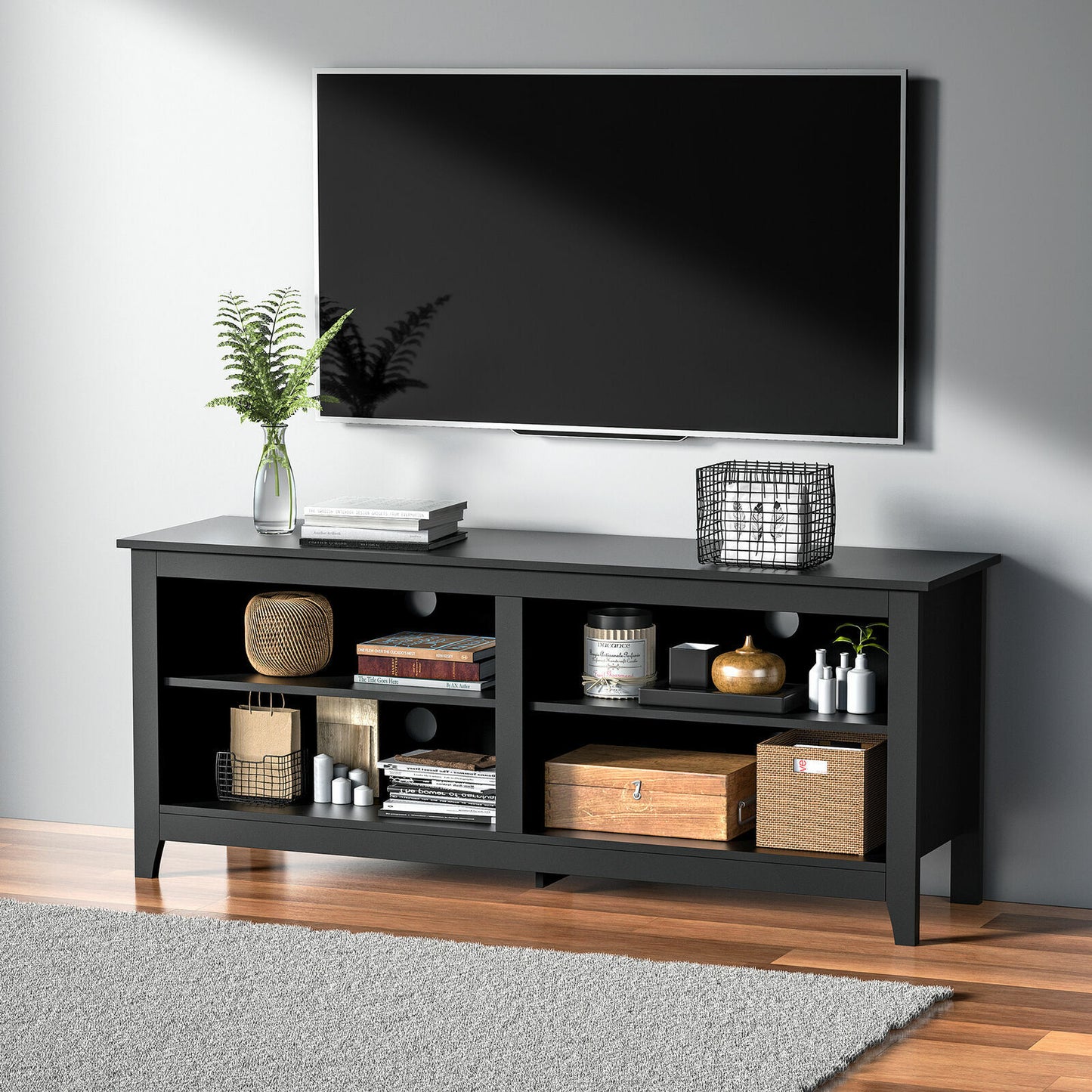 58“ Home Living Room TV Stand Up to 65" Display 3 Tiers Classic Black 4 Cubbies