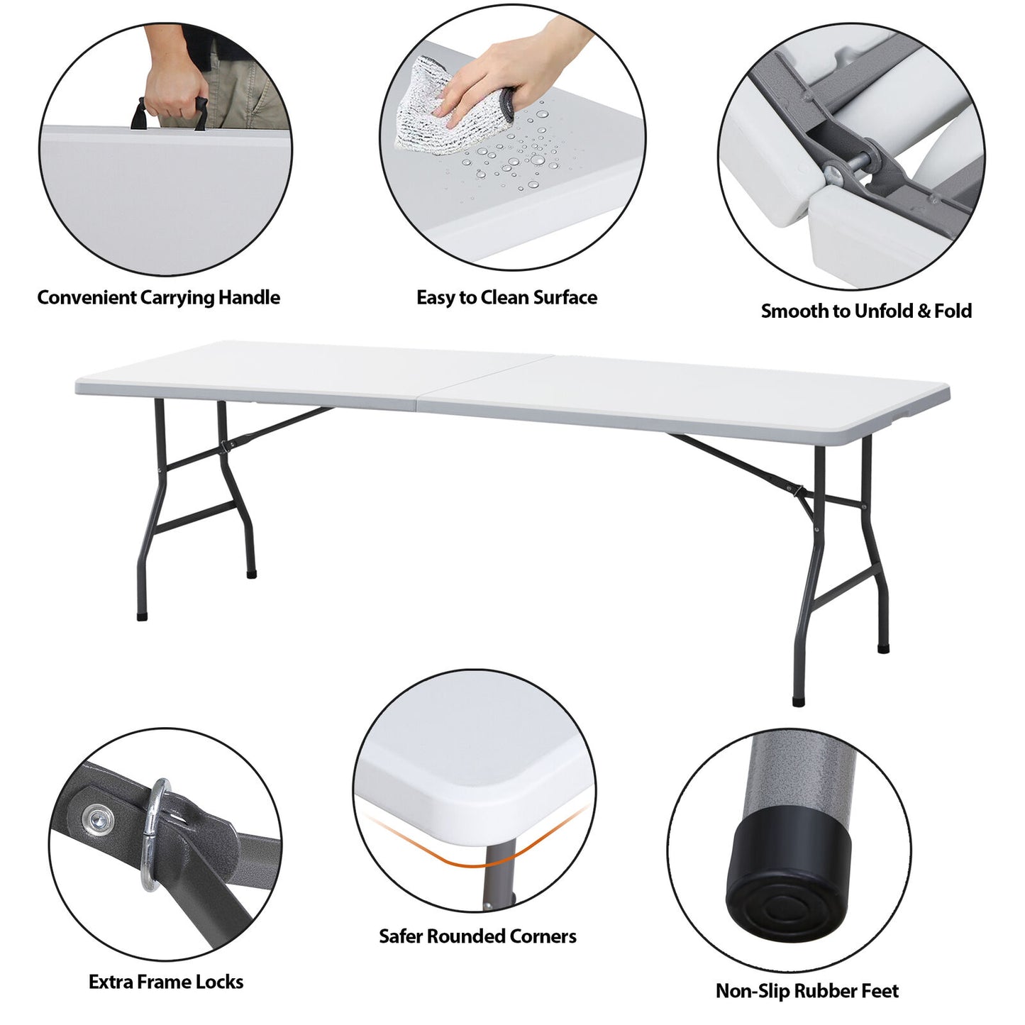 8' Portable Plastic Folding Table Fold-in-Half for Camping Picnic W/Handle White