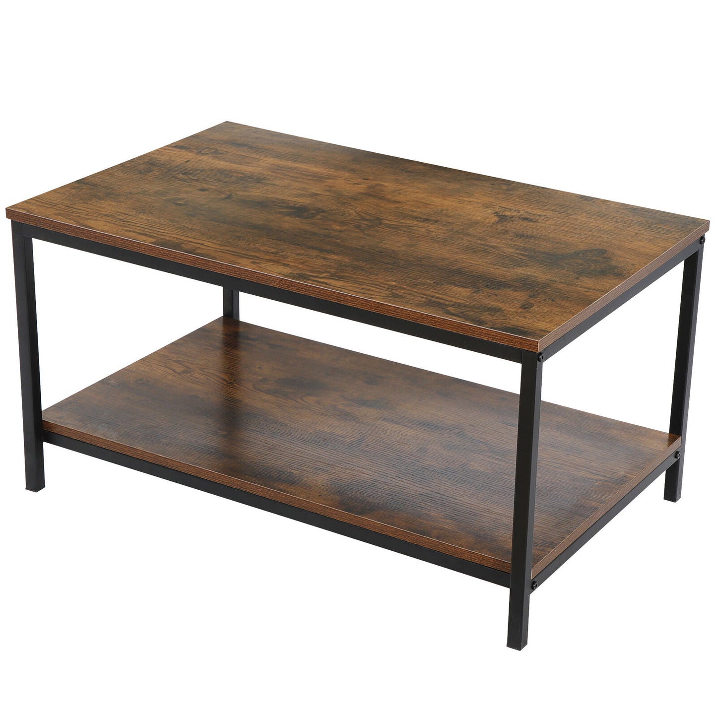 2-Tier Small Coffee Table Rectangle Wood Side End Table w/ Storage Rustic Brown