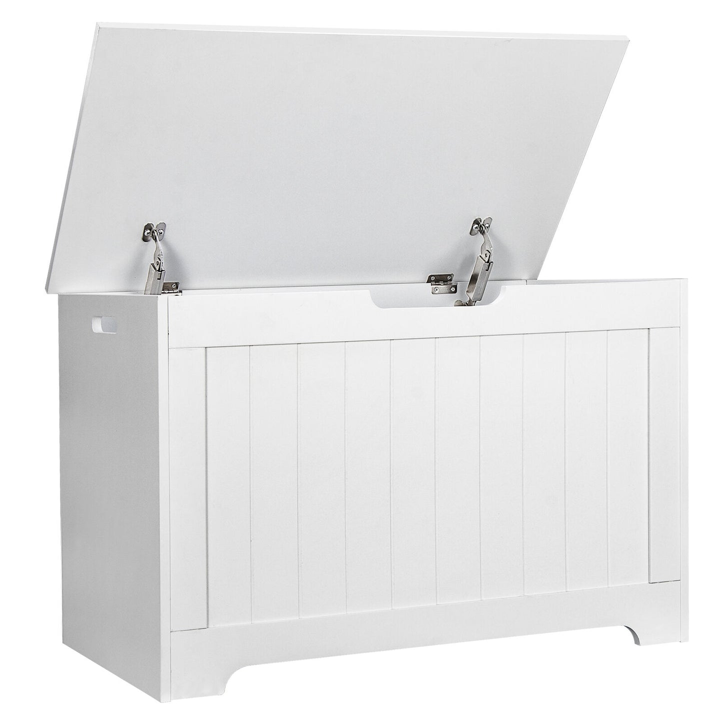 White 2 Safety Hinge Wooden Toy Box Lift Top Entryway Storage Chest Bench