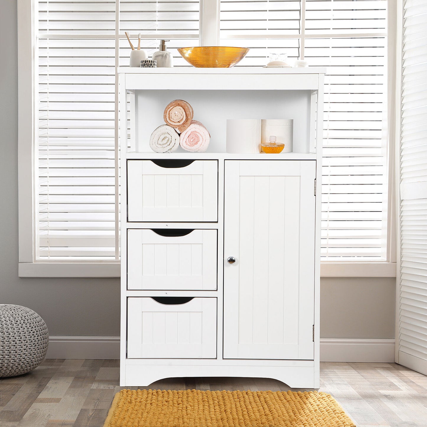 Bathroom Floor Cabinet Wooden Storage Organizer with 3 Drawers Adjustable Shelf