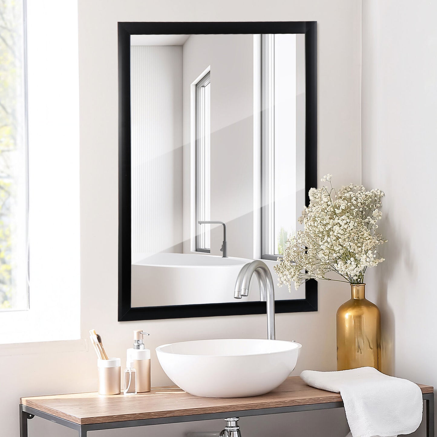 24"x36" Rectangular Modern Metal Frame Wall Mirror for Bathroom Washroom Black
