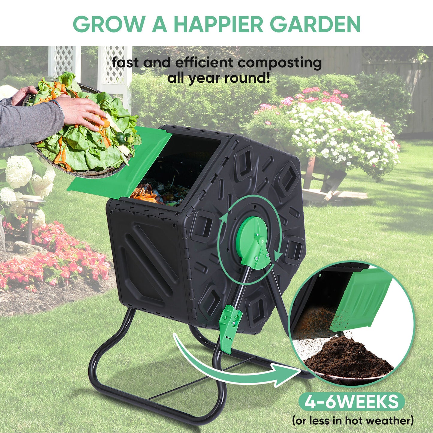 Garden Compost Tumbler 18.5 Gal Composter Bin Rustproof 360° Rotating W/Golves