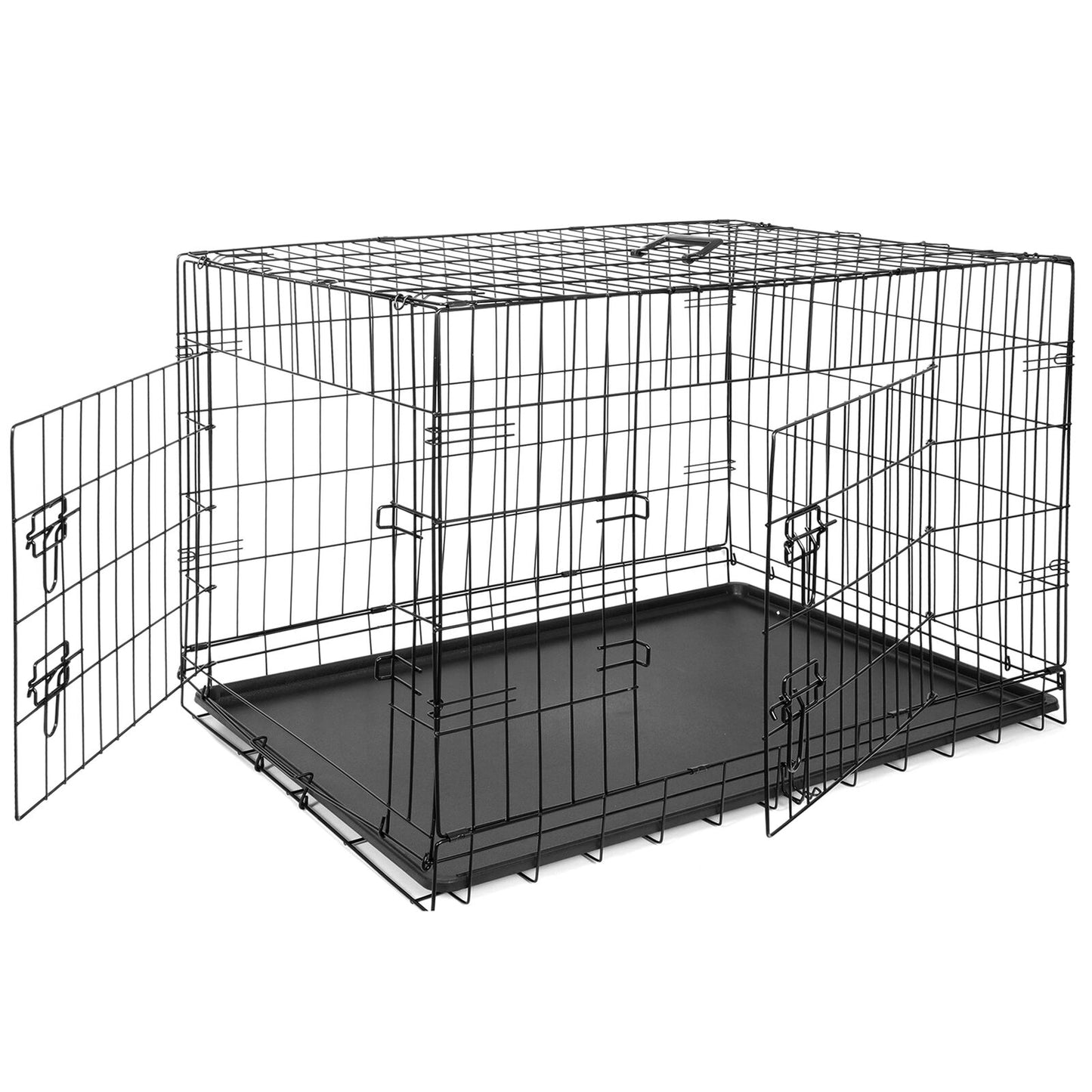 36" Black Metal Dog Crate Kennel Folding Pet Cage 2 Doors With Tray Pan