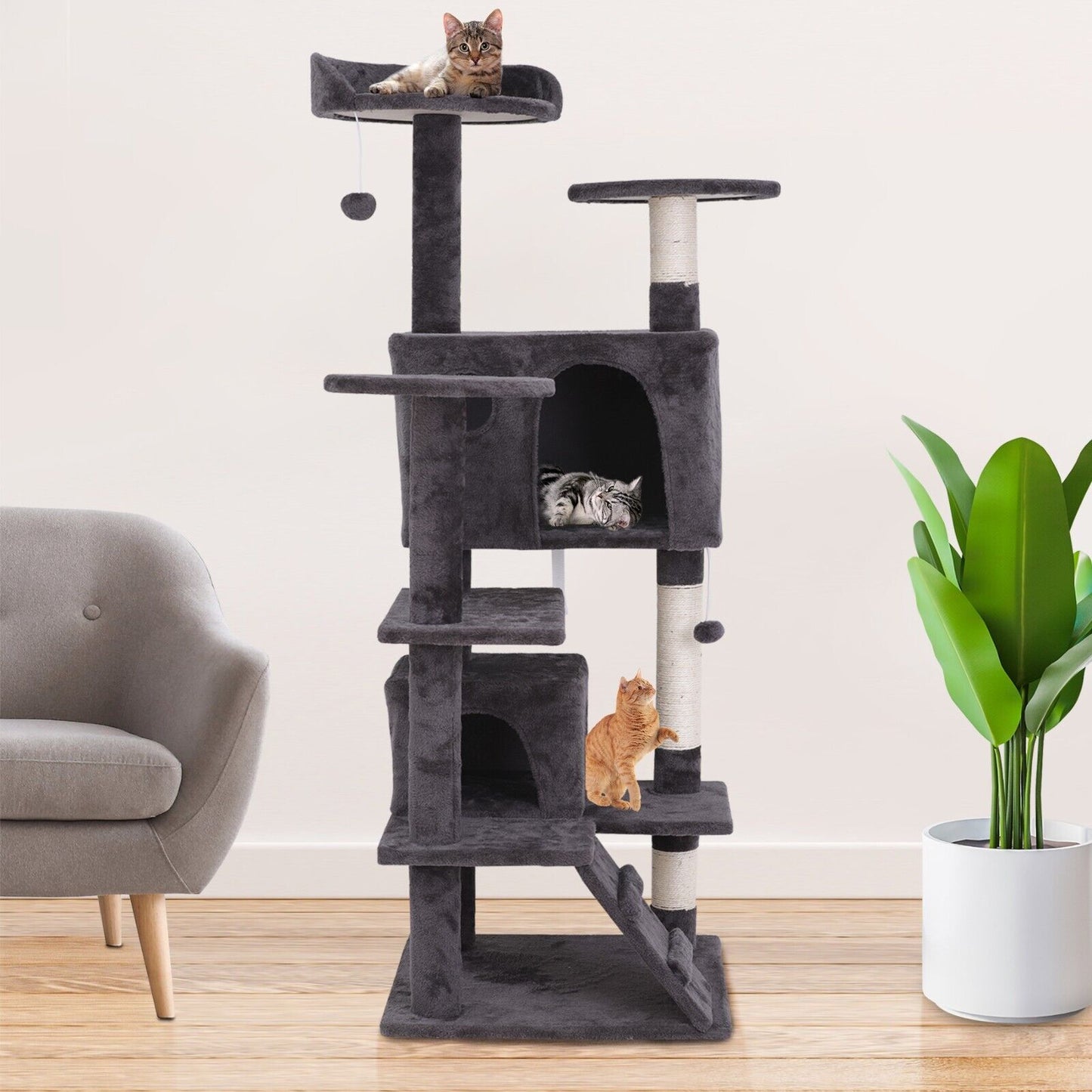 55" Dark Grey Cat Tree Tower Condo Scrathcher Post Activity Center Playing House