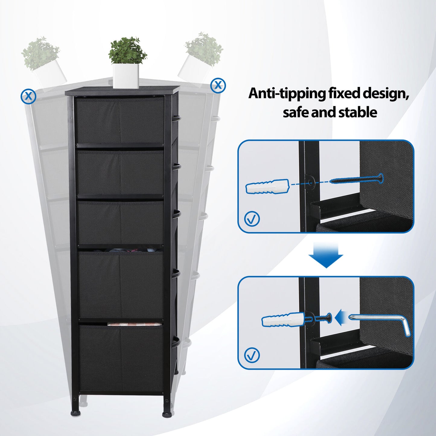 Fabric Dresser W/5 Drawer Storage Chest Tower Cabinet Organizer Unit for Bedroom