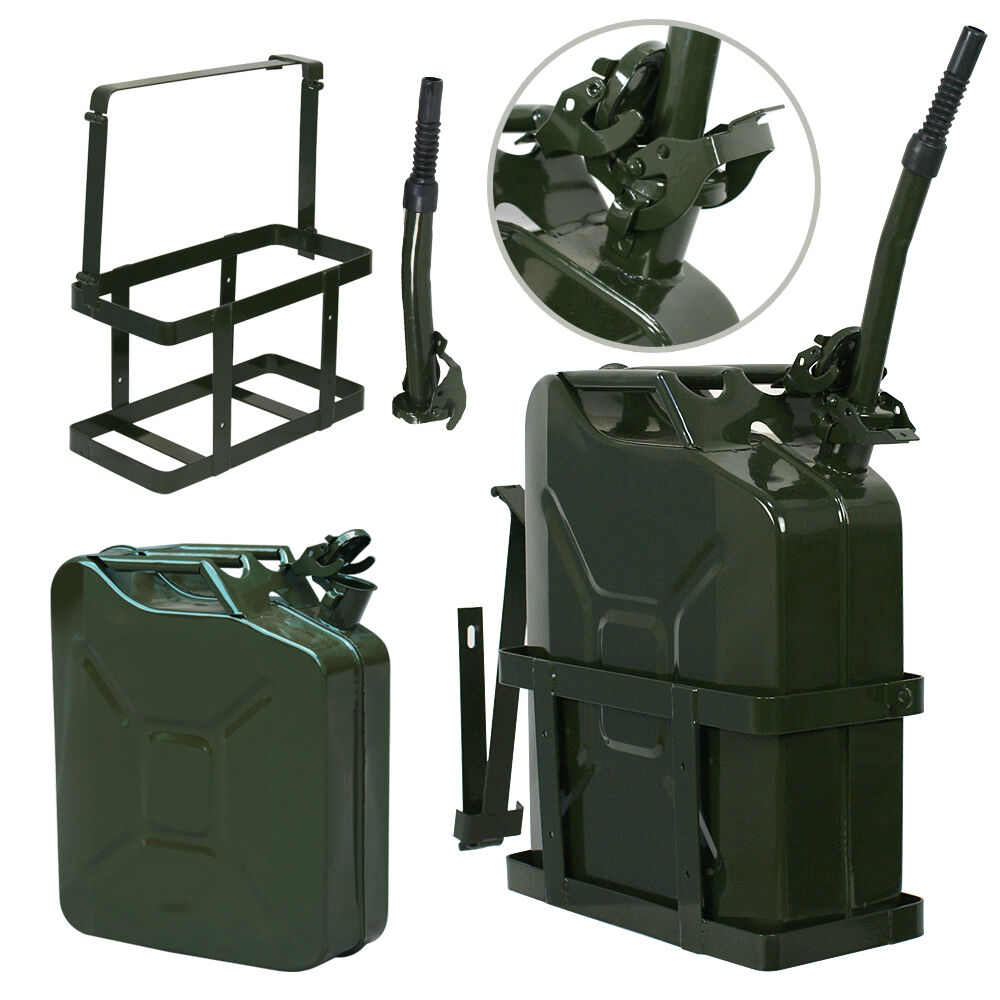 4x Jerry Can 5 Gallon 20L Oil Army Backup Military Metal Steel Tank w/ Holder