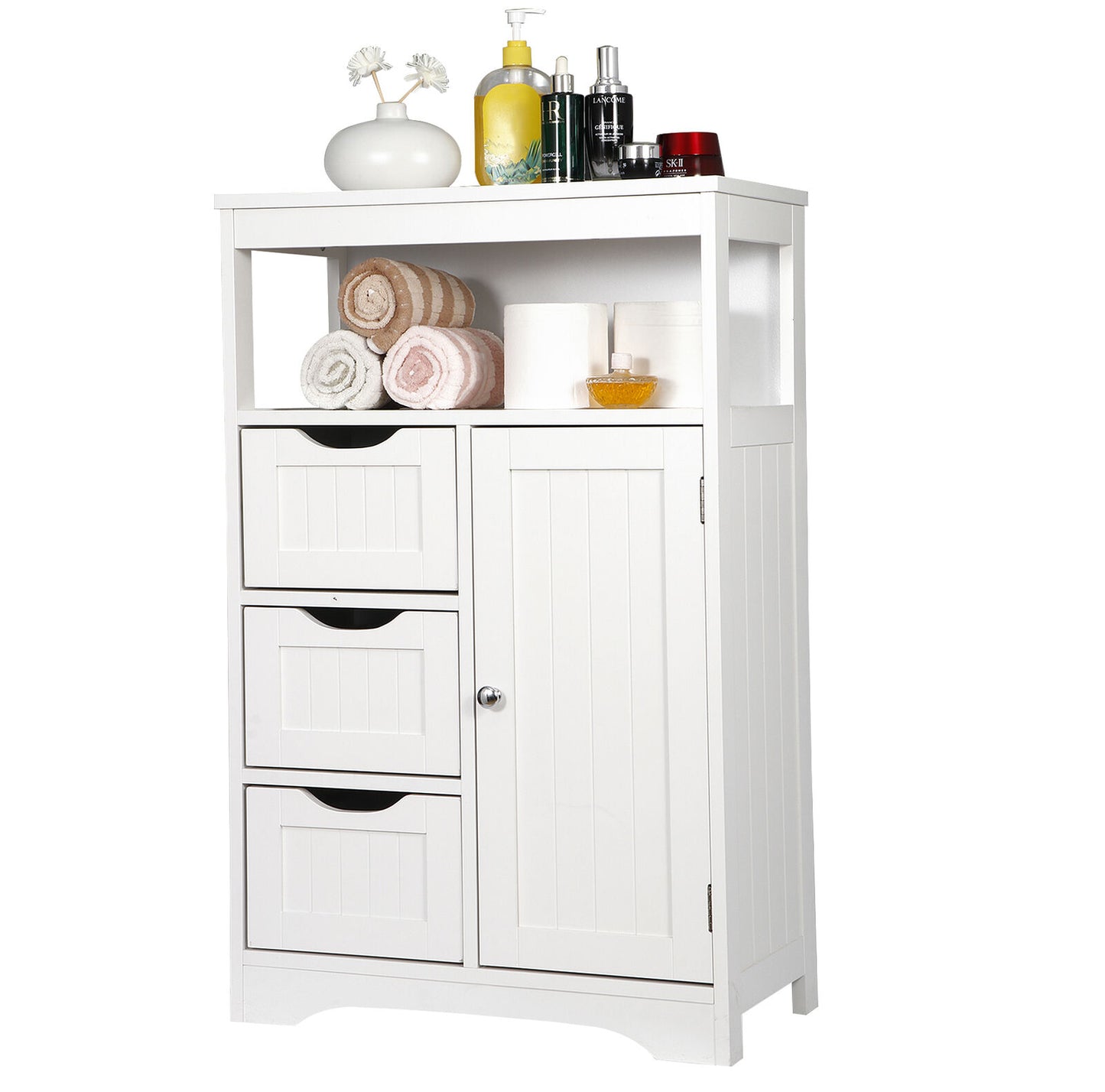 Bathroom Floor Cabinet Wooden Storage Organizer with 1 Door and 3 Drawers White