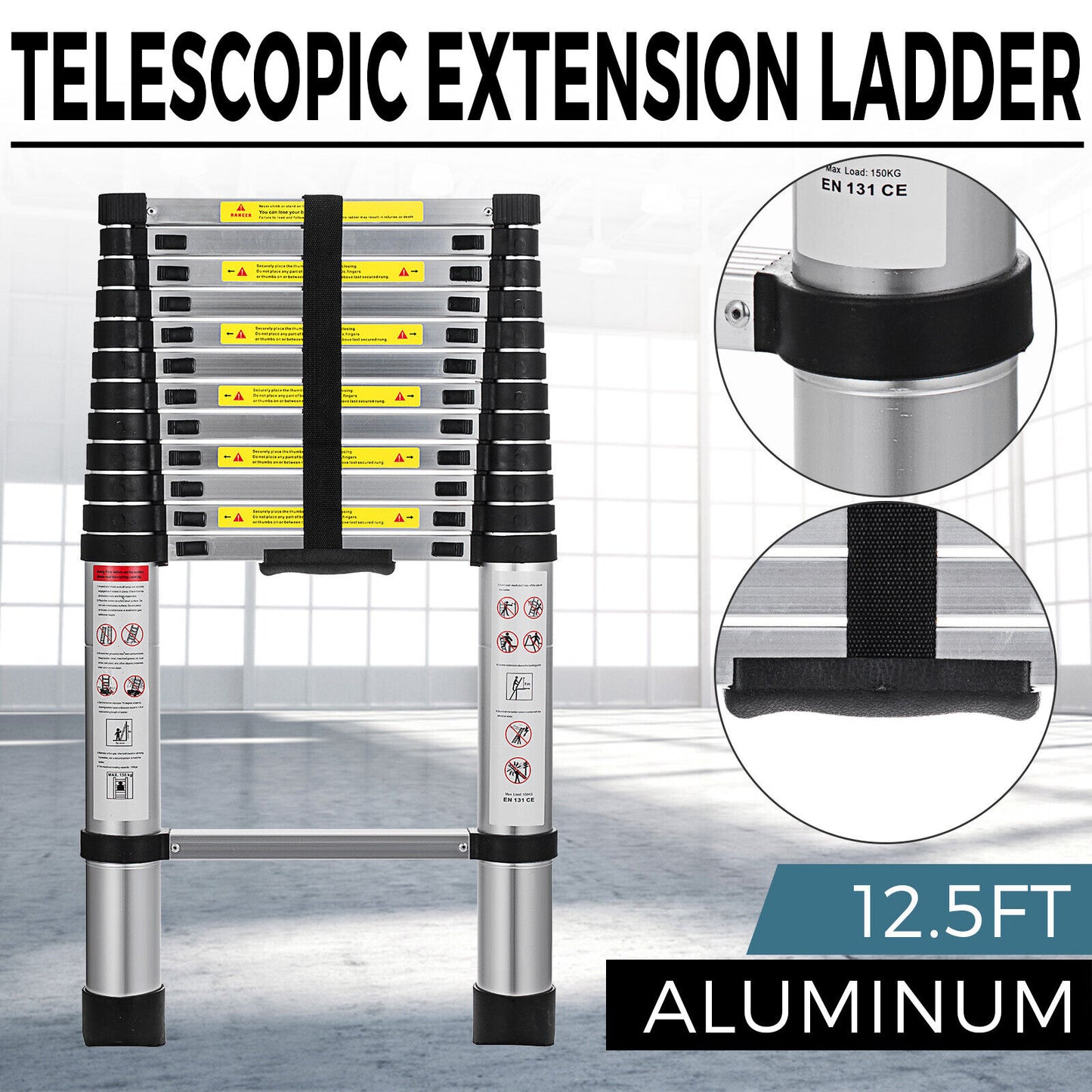 Telescoping Ladder 12.5 FT One Button Retraction Aluminum Telescopic Extension