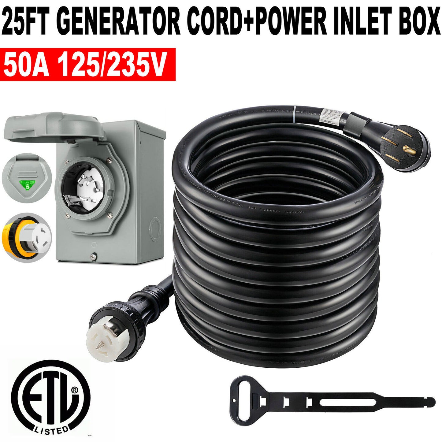 50 Amp 25FT Generator Cord+Power Inlet Box Waterproof Combo Kit NEMA 14-50P ETL