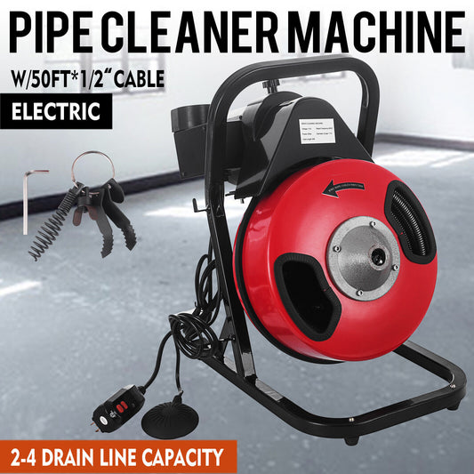 Sewer Snake Drill Drain Auger Cleaner 50ftx1/2'' Electric Drain Cleaning Machine