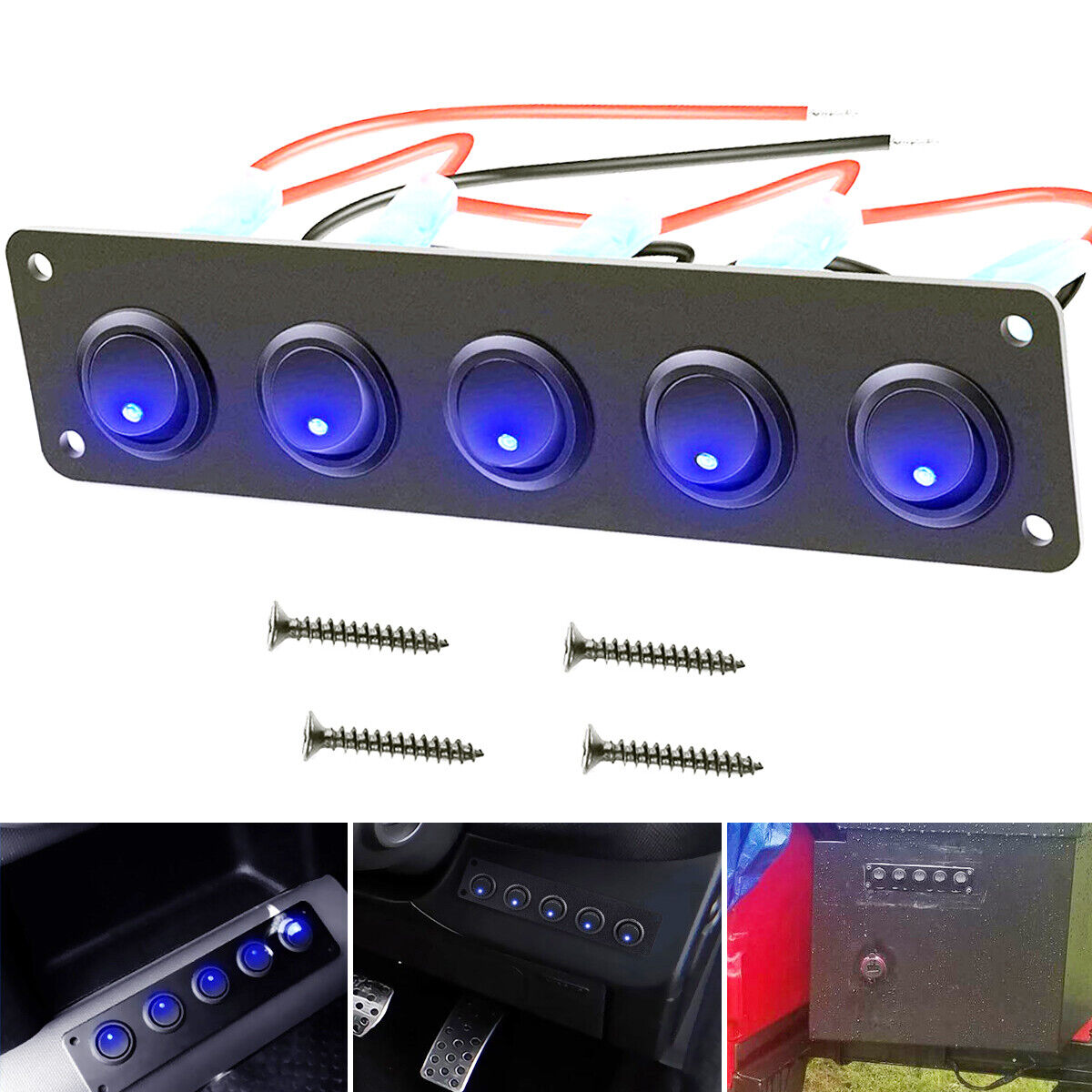 5 Gang Toggle Rocker Switch Panel For Car Boat Marine RV Truck Blue LED 12V