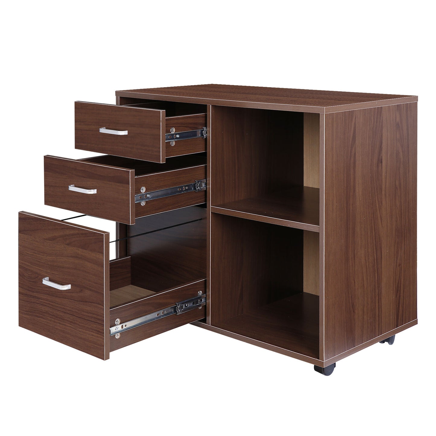 3 Drawers Mobile Wood File Cabinet Printer Stand with Open Storage Shelves Brown