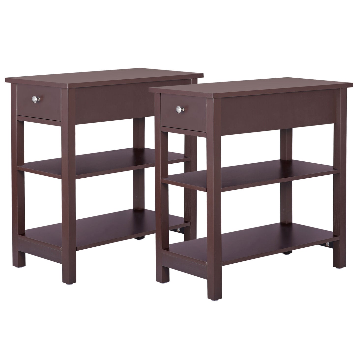 2PCS 24" 3-Tiers End Side Table Chairside Console Table W/1 Drawer Storage Brown