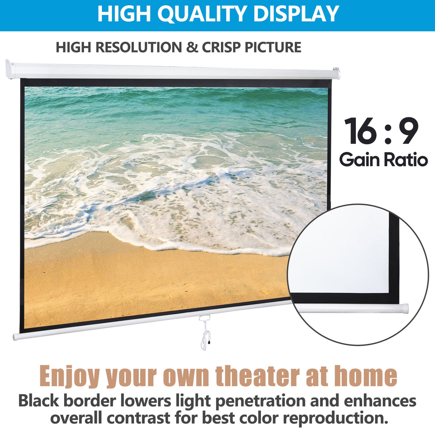 80 Inch Manual Pull Down Projector Screen 16:9 HD Retractable Widescreen Matte