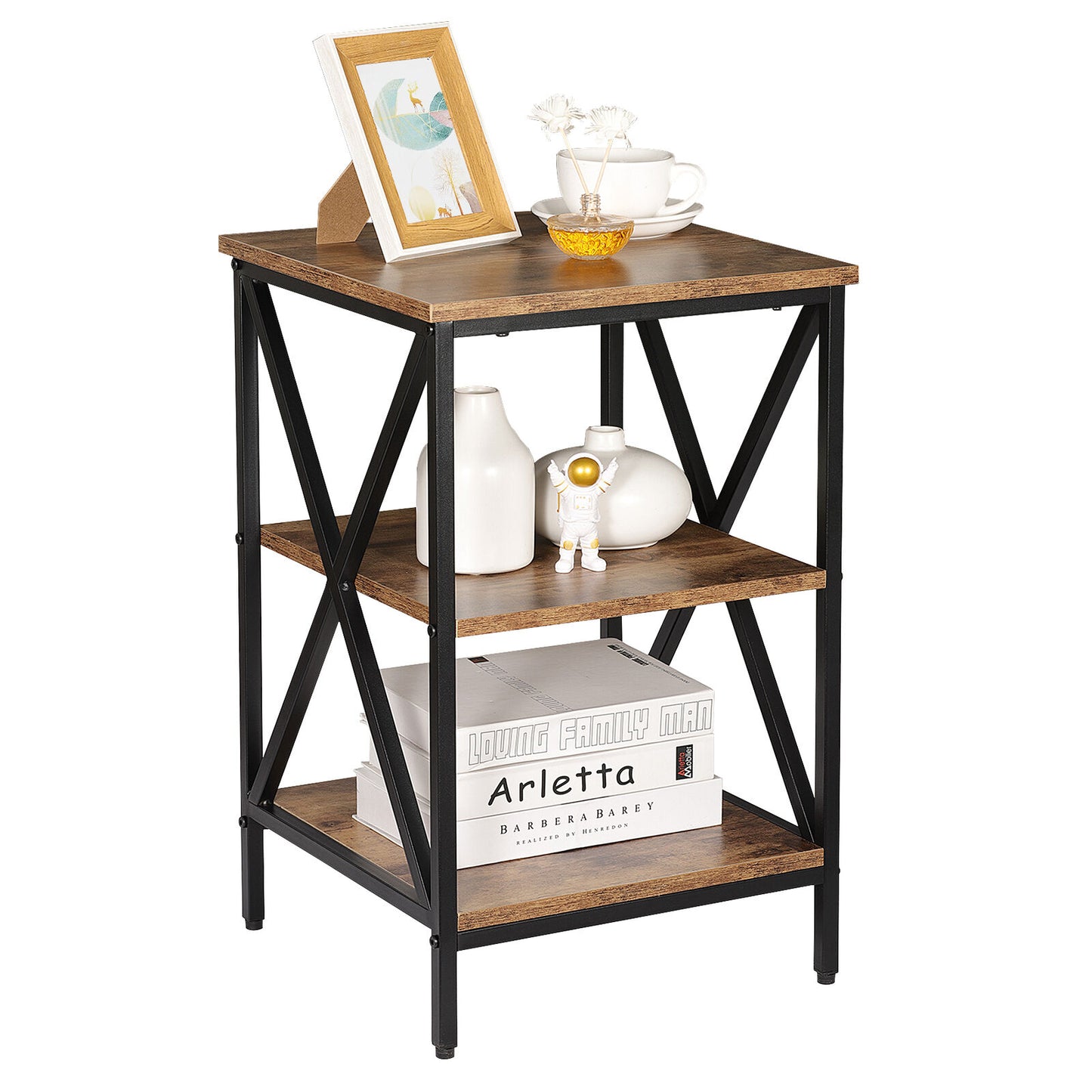 3-Tier Side Table X Design End Table Metal Frame W/Storage Shelves Rustic Brown