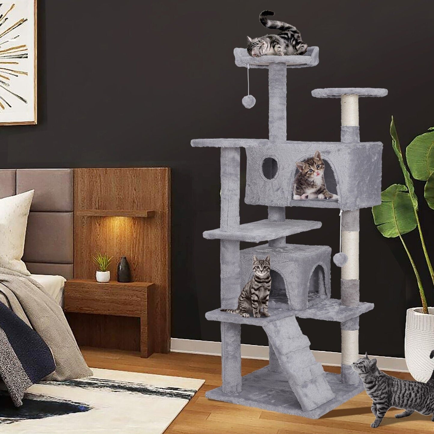 55"Cat Tree Tower Condo Scrathcher Post Activity Center Playing House Light Grey