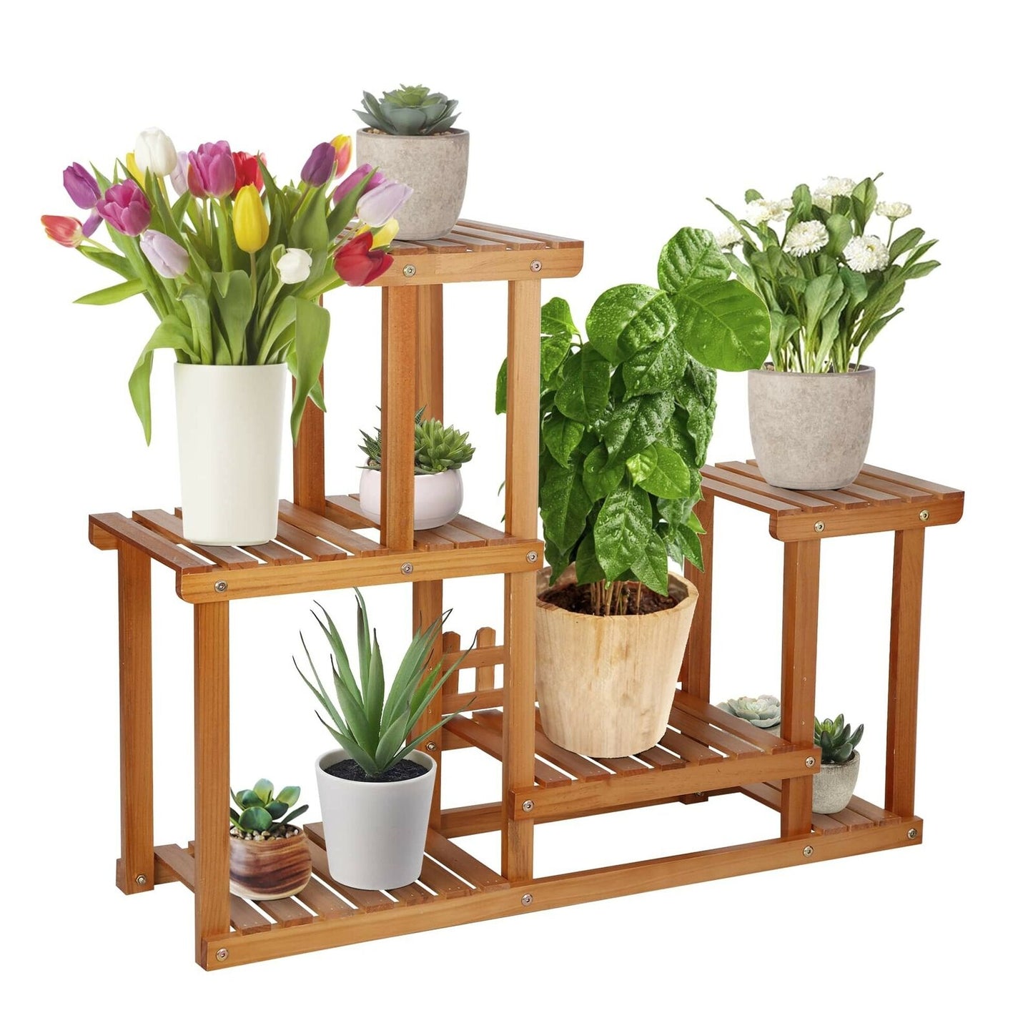 Wood Plant Stand Multiple Tiers Freestanding Flower Display Rack, Natural