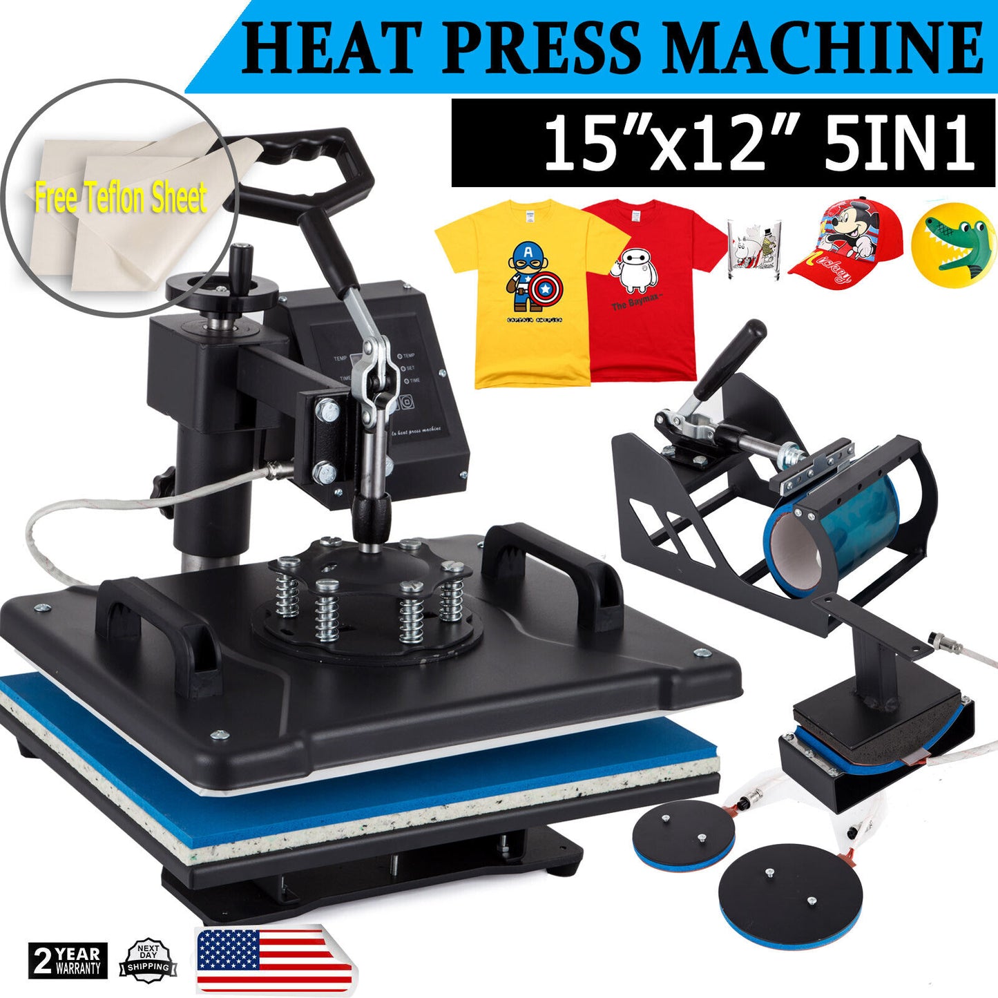 5 in 1 T-shirt Printing Heat Press Machine 15"x12" Mug Hat Transfer Sublimation