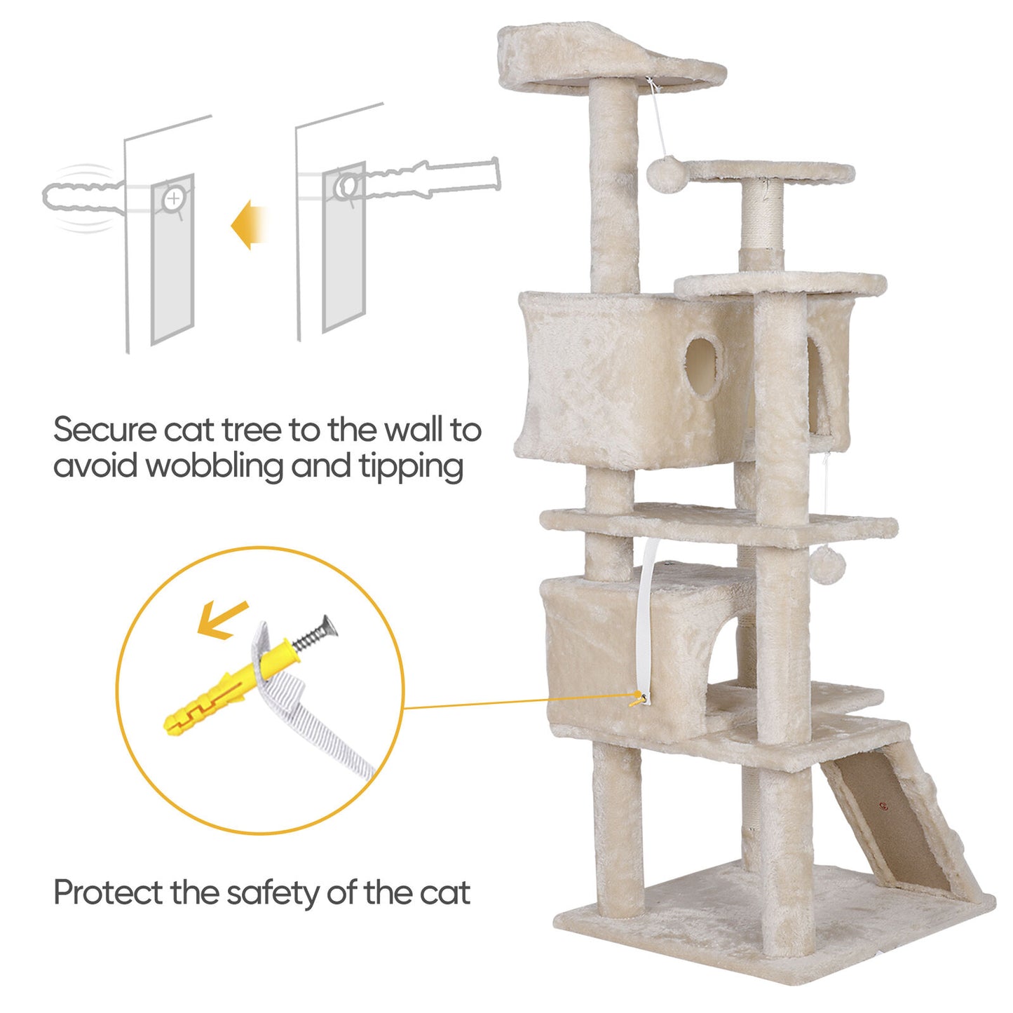 55'' Cat Tree Condo Scratching Post Sturdy Cat Activity Center Light Beige