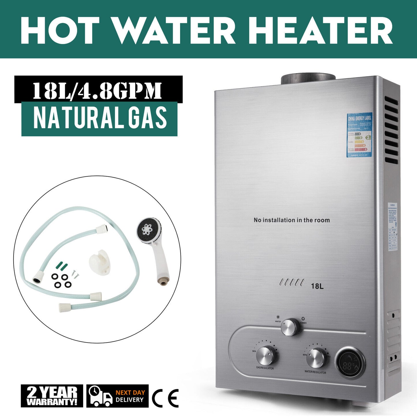 18L 5GPM Tankless Water Heater Natural Gas On-Demand Water Boiler w/Shower Kit