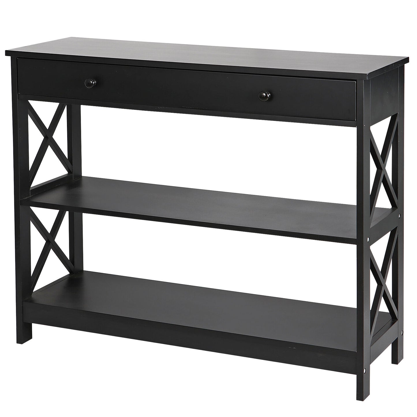 39.4"Console Sofa Entry Table 3-Tier Shelf with 2 Drawers 2 Open Storage X-frame