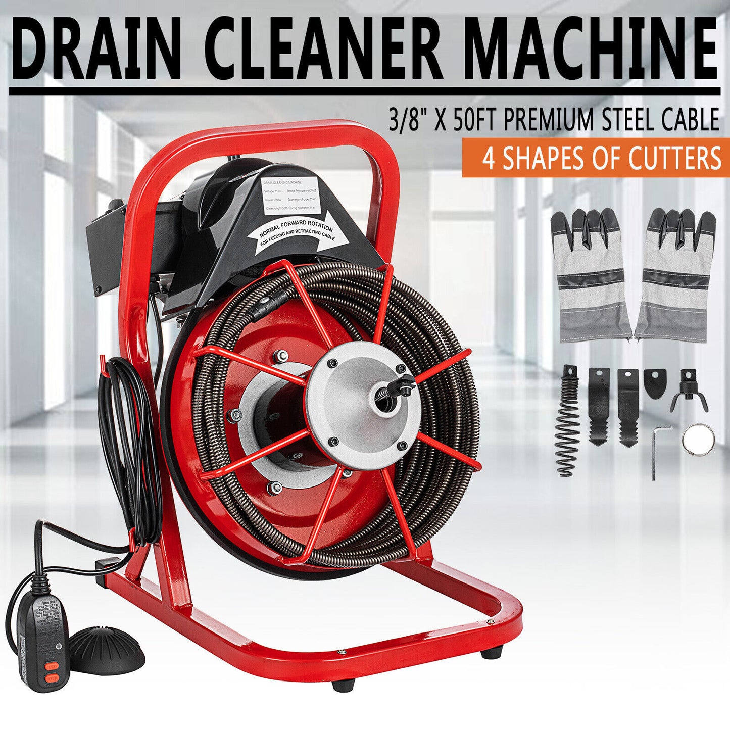 Electric 50'x3/8" Drain Auger Cleaner Sewer Snake Cleaning Machine W/ 5 Cutters