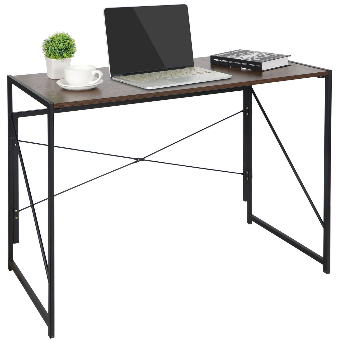 Folding Computer Writing Desk Wood and Metal Frame Study PC Laptop Table Brown