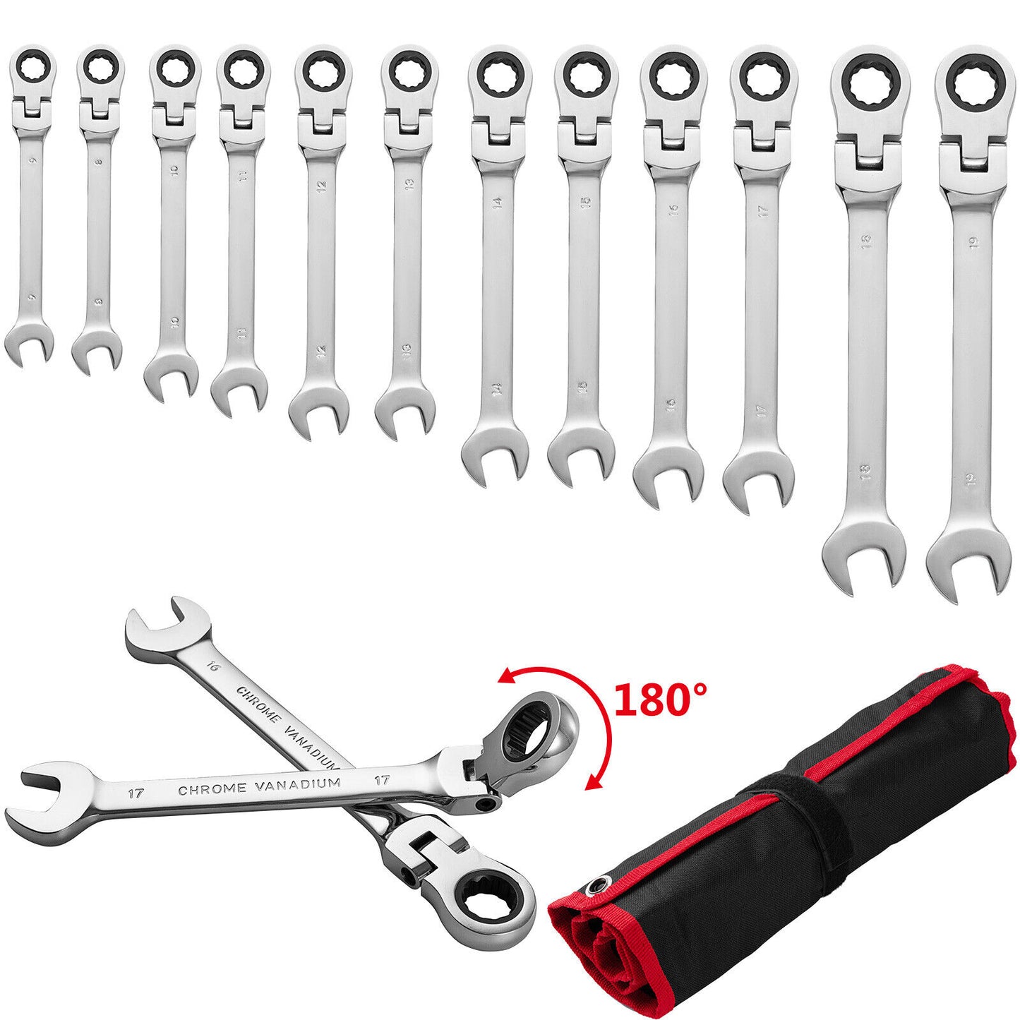 12Pc 8-19mm Metric Flexible Head Ratcheting Wrench Combination Spanner Tool Set