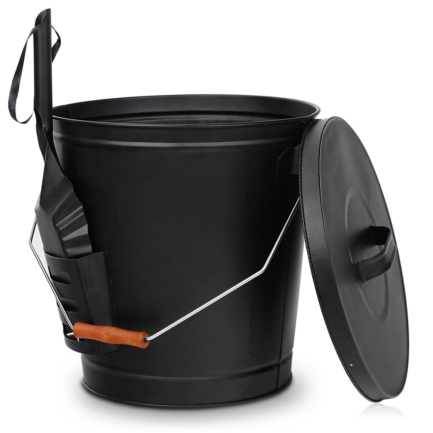 Black Metal Fireplace Ash Bucket With Shovel Lid Cover Fire Pits Stove Sturdy