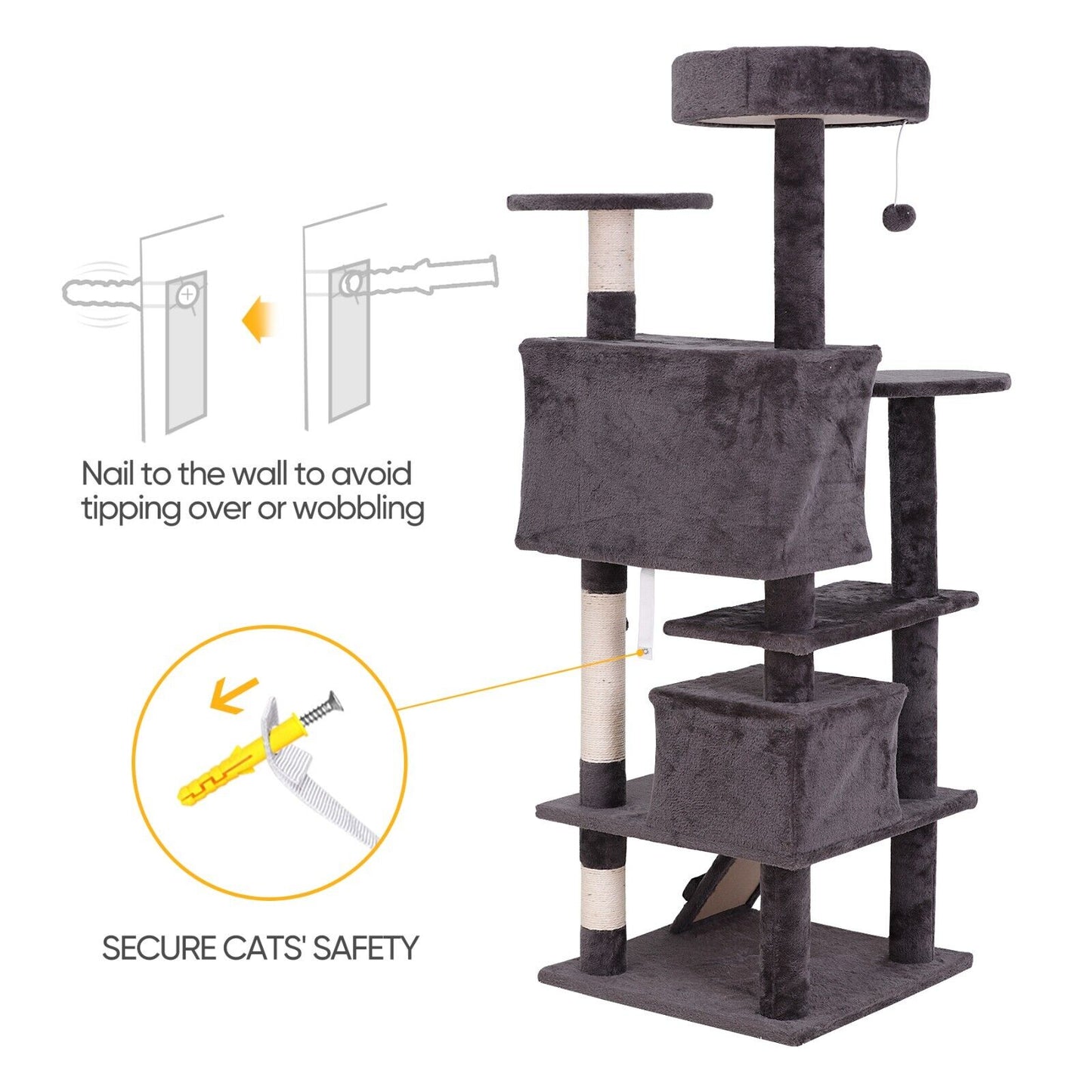 55" Dark Grey Cat Tree Tower Condo Scrathcher Post Activity Center Playing House