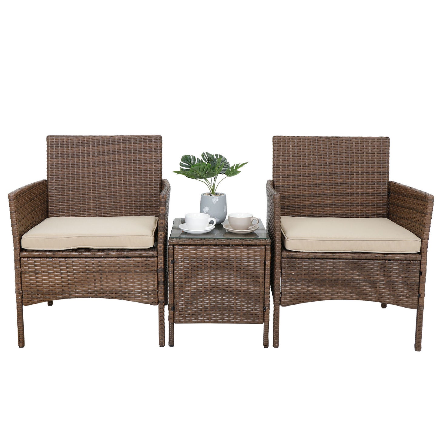 Patio Porch Furniture Sets 3 Pieces PE Rattan Wicker Chairs w/ Table