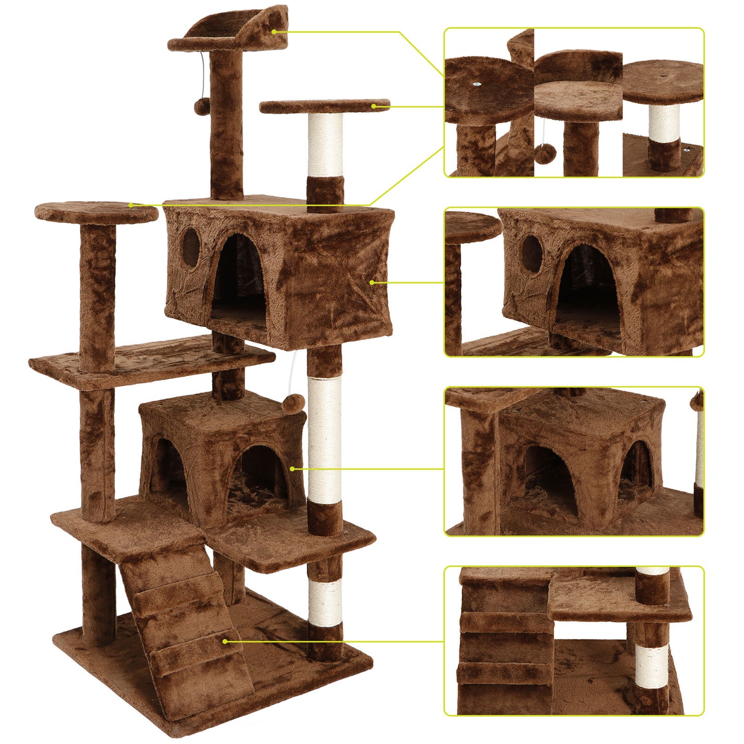 53" Sturdy Cat Tree Tower Kitty Multilevel w/Padded Viewing Perch Brown
