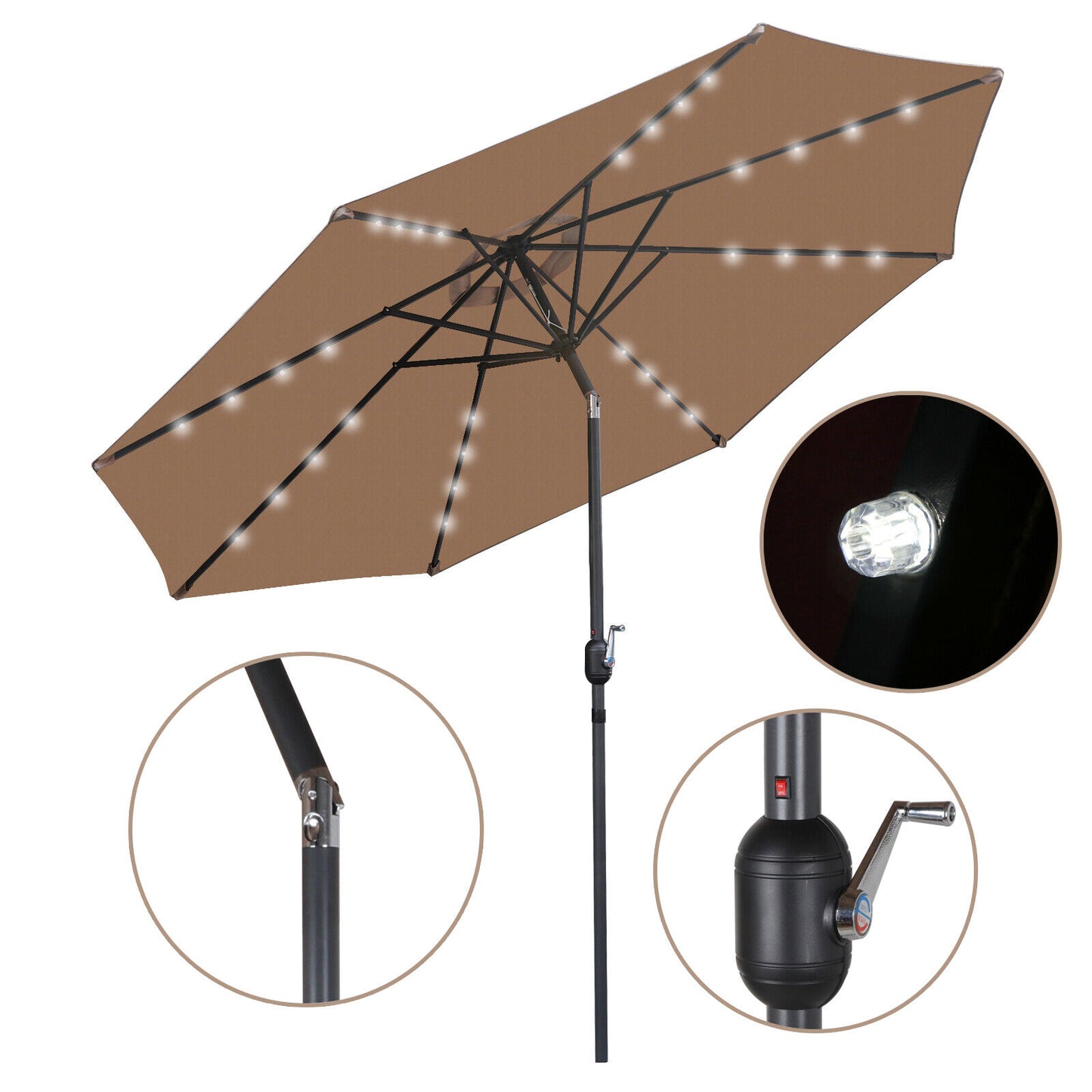10Ft Solar Umbrella LED Lighted Patio Market  Powered Table 8 Ribs Tan