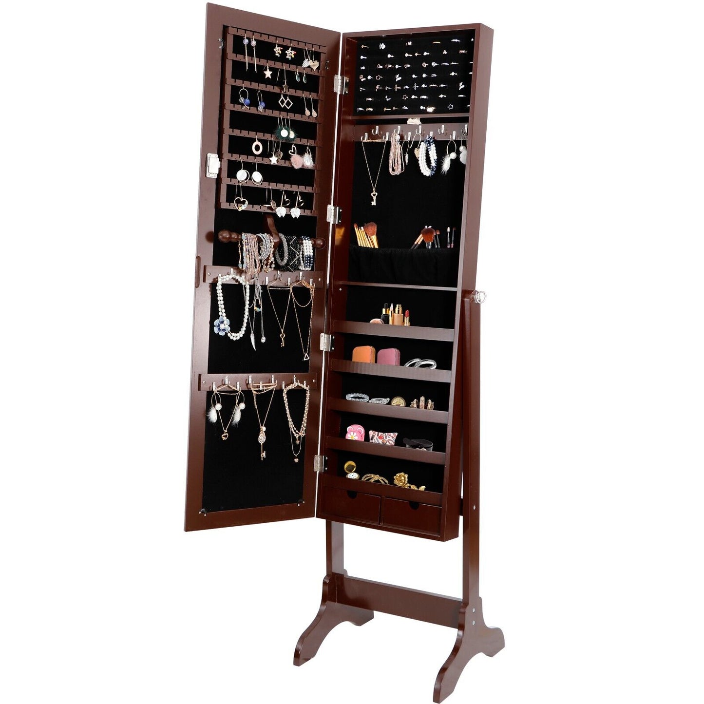 Free Standing Jewelry Cabinet Mirror Armoire Organizer Storage Lockable  Brown
