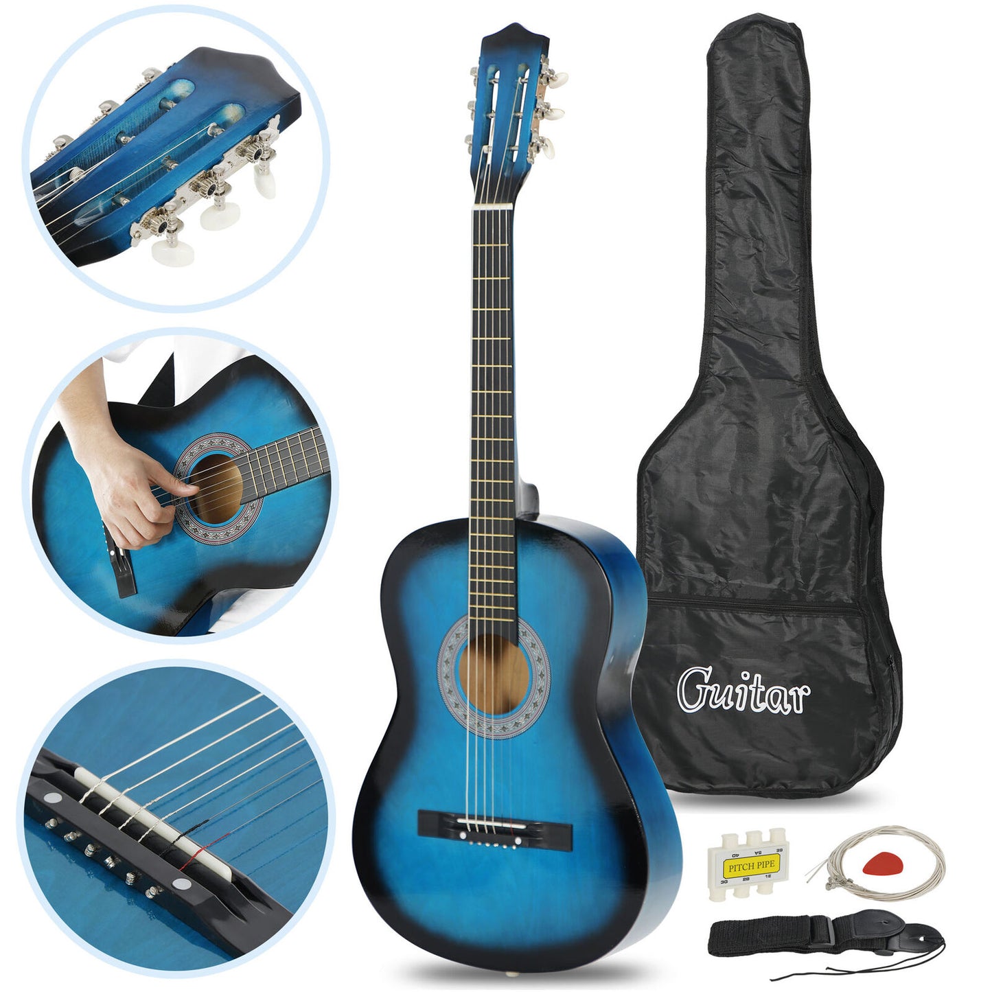 Beginners Acoustic Guitar w/Guitar Case, Strap, Tuner & Pick Steel Strings Blue