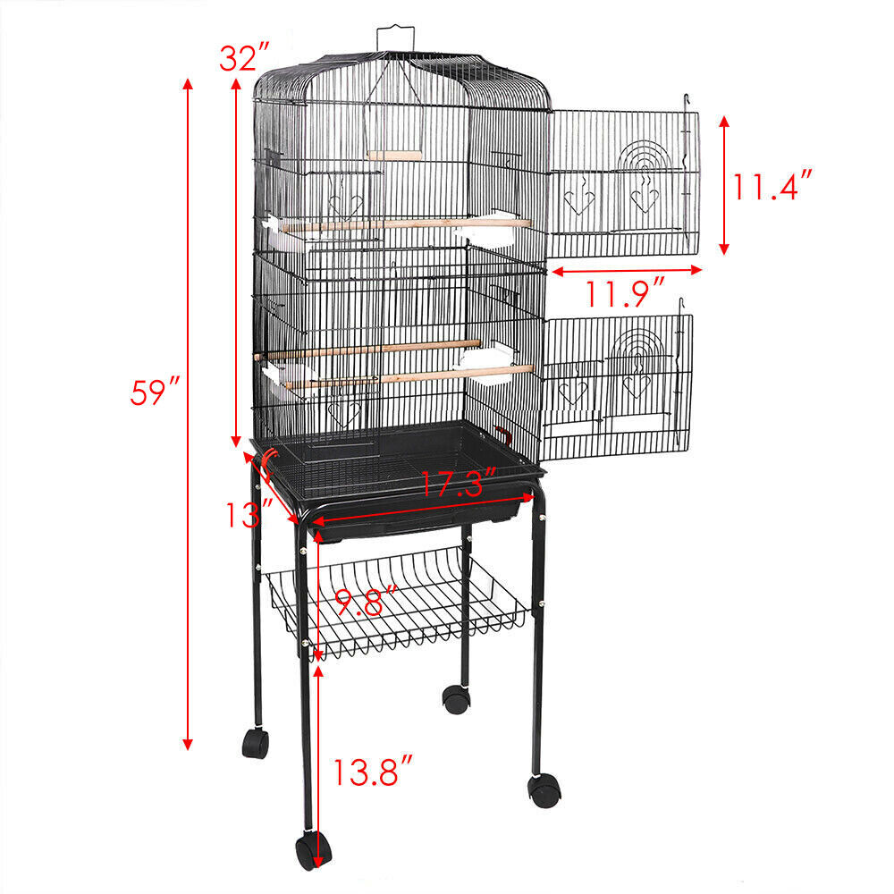 59'' Bird Cage with Rolling Stand Cockatiel Parakeet Finch Parrot Birdcage Black