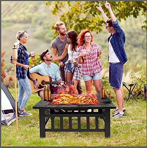 32in Outdoor Fire Pits Outside Wood Burning Firepit Square Metal Fireplace Table Fire Bowl with Grill,Screen and Poker for Camping Bonfire Backyard BBQ