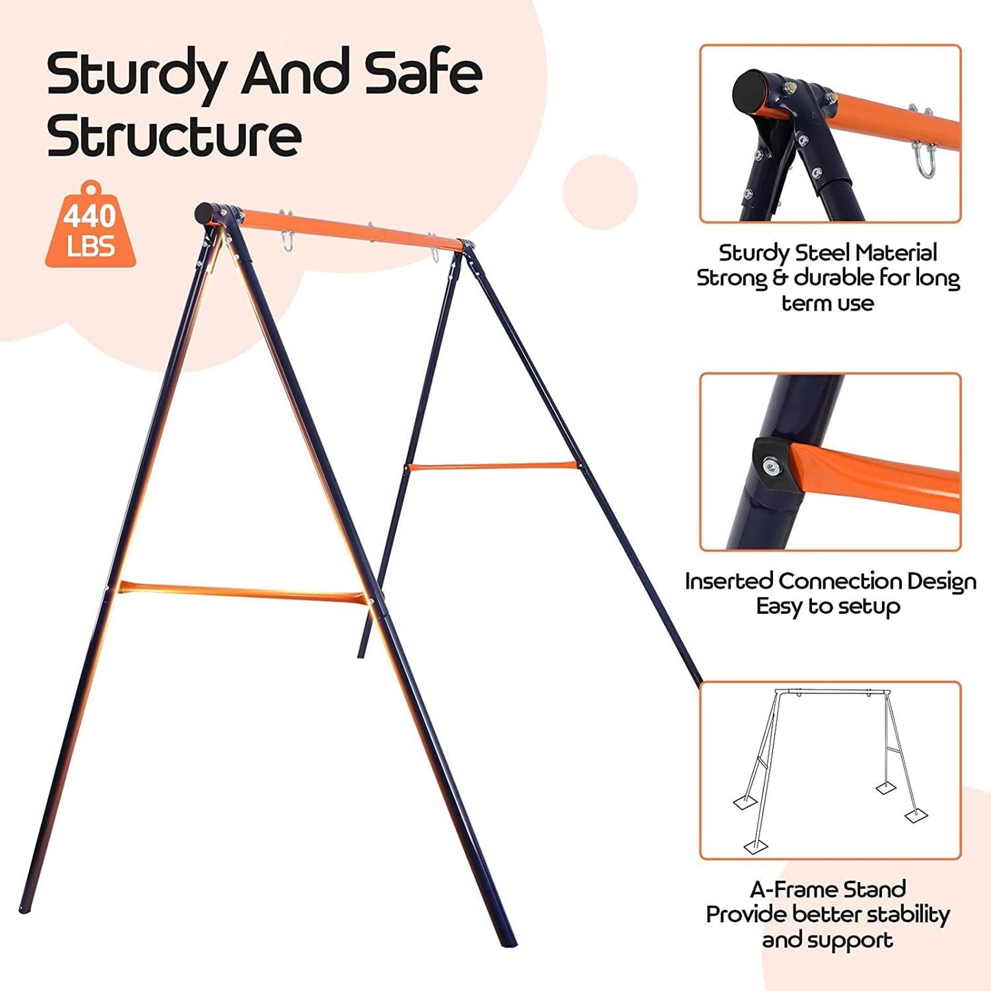 Swing Stand Frame Heavy Duty A-Frame Swing Set for Kids Adults Outdoor Backyard Play Fun Weight Capacity 440lbs
