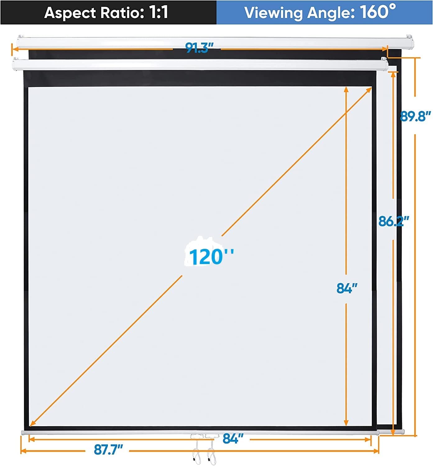 Portable Projector Screen Manual Pull Down 120 Inch 1:1 Hanging Projection Screen 4K Indoor Outdoor Movies Screen for Home Theater Office Video Game
