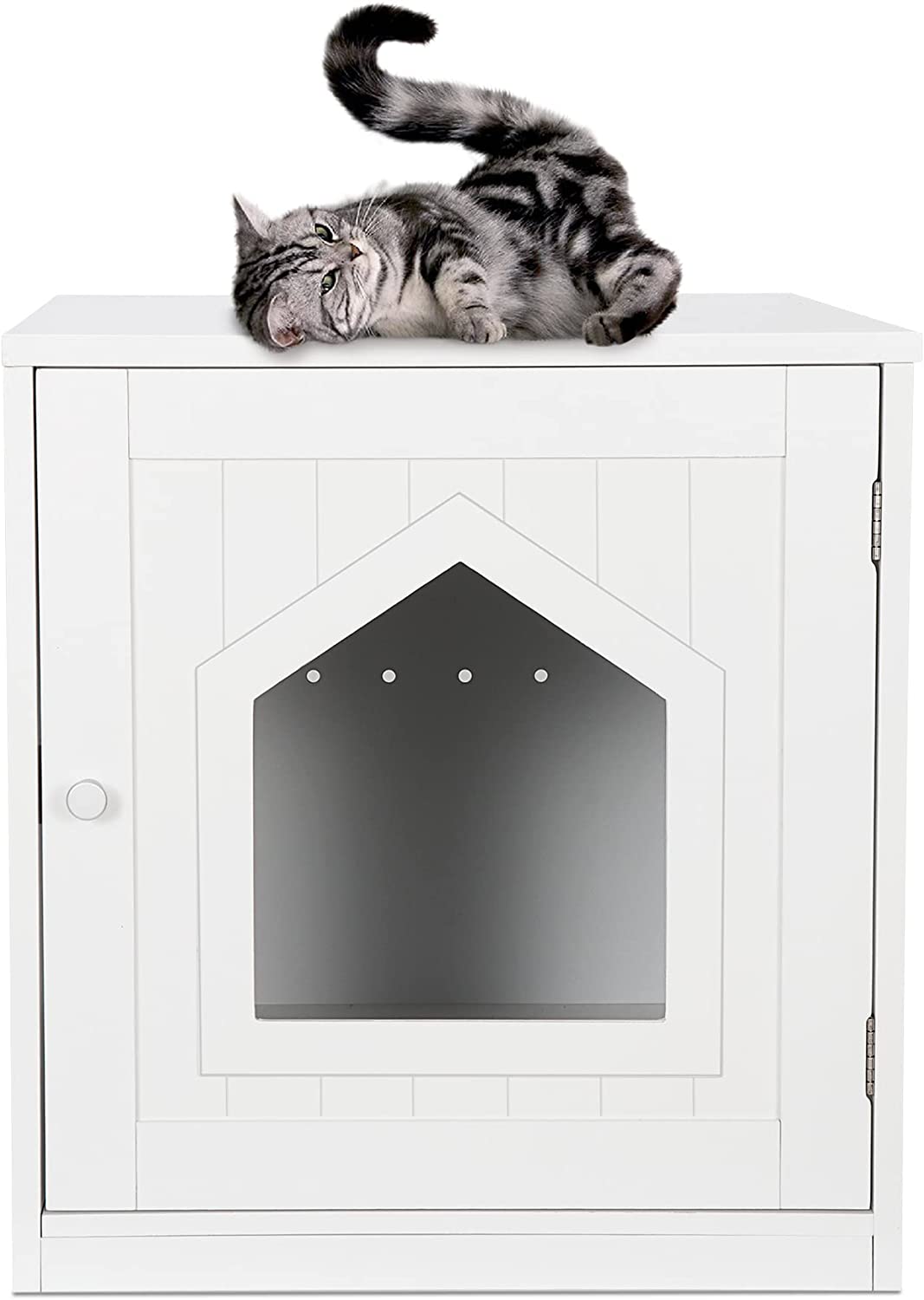 Cat House & Side Table, , Pet Cat Litter Box Enclosure with Vent Holes, Wooden Enclosed Cat Washroom, White