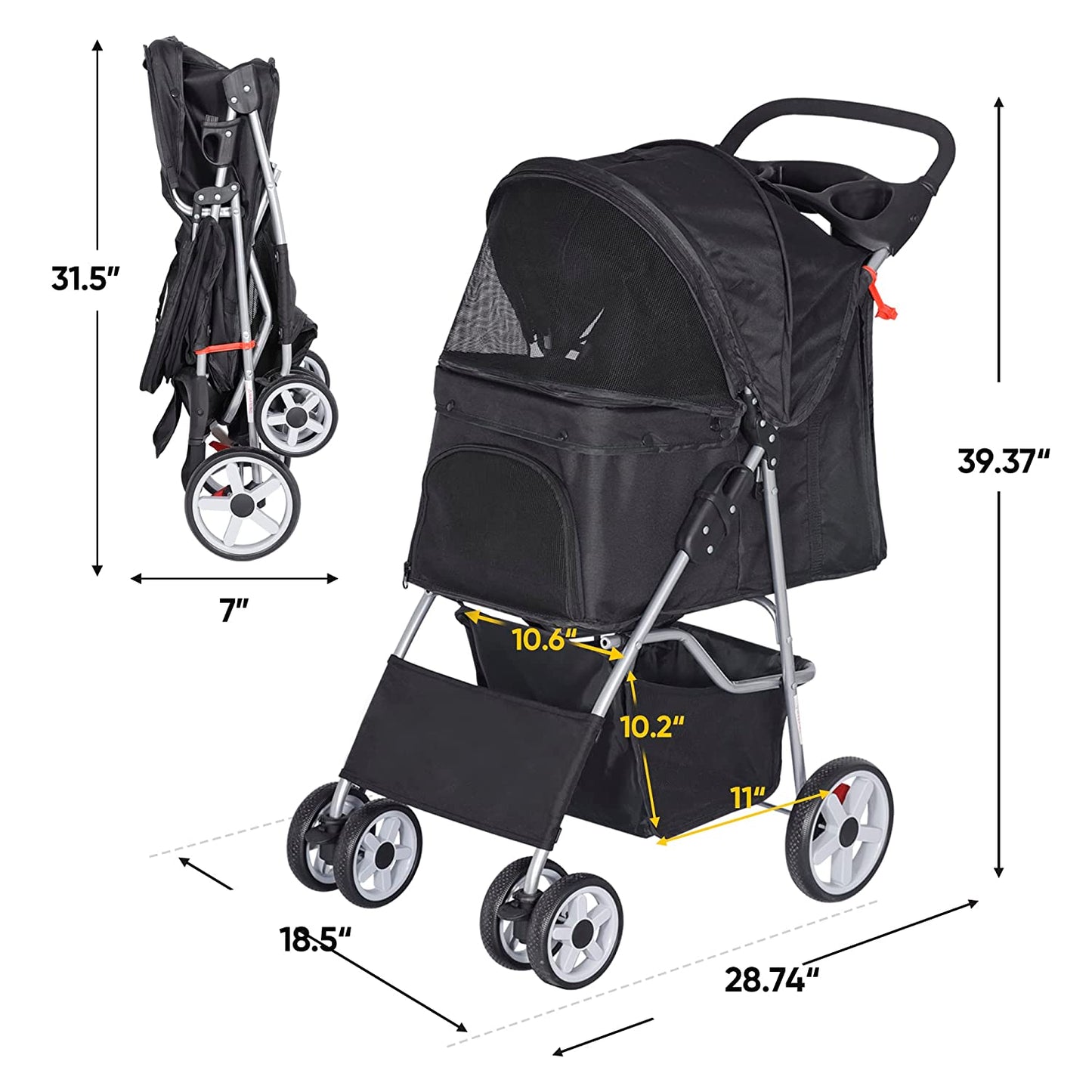 Foldable Pet Stroller, Cat/Dog Stroller with 4 Wheel, Pet Travel Carrier Strolling Cart with Storage Basket, Cup Holder, Black