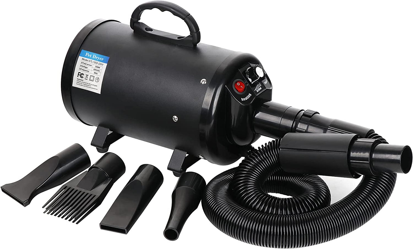 Dog Dryer, Pet Grooming Blower with Heater for Cat/Dog, 2400W Speed-Adjustable Pet Hair Dryer, with 4 Different Nozzles + 2 Filter, Black
