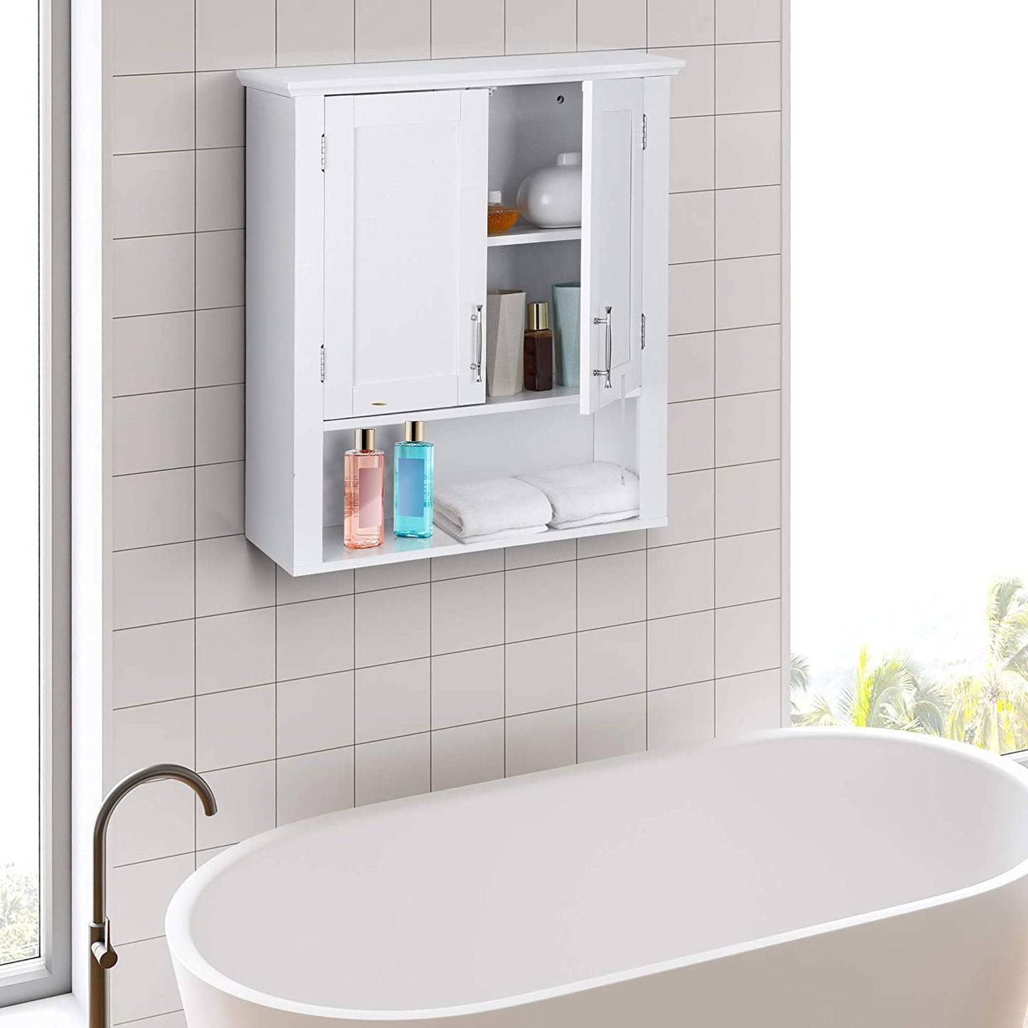 Hanging Bathroom Cabinet with Doors, Wall Cabinets Over The Toilet, Bathroom Wood Hanging Cabinet, White