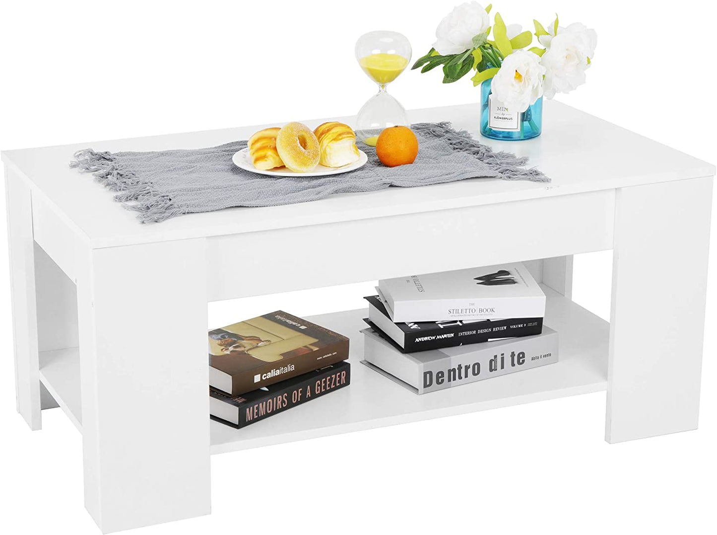 Coffee Table with Lift Top Hidden Compartment and Storage Shelves Modern Furniture for Home, Living Room, Décor (White)